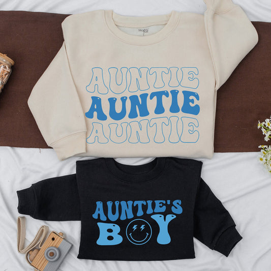 Matching Auntie & Auntie's Boy Blue Retro Shirts, Family Outfit, Baby Romper Gift, Niece & Nephew Kid Shirts
