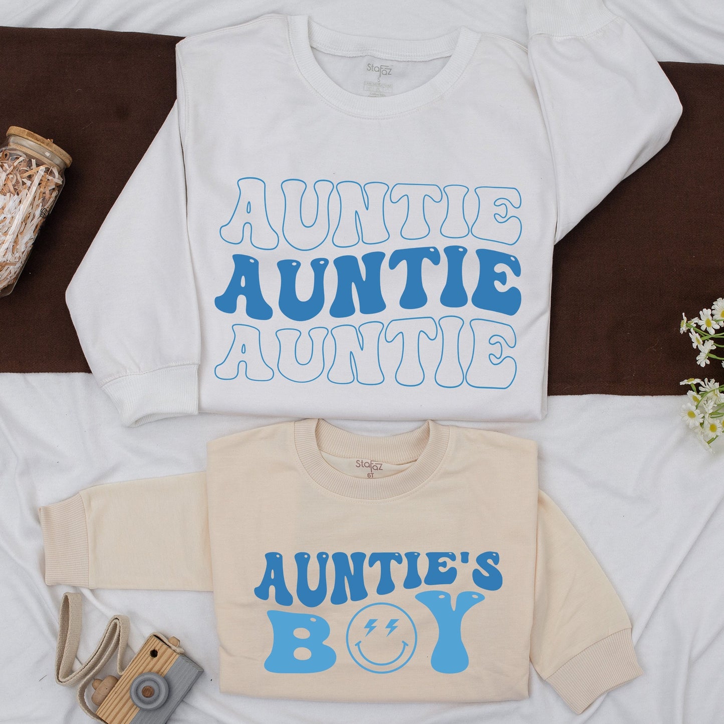 Matching Auntie & Auntie's Boy Blue Retro Shirts, Family Outfit, Baby Romper Gift, Niece & Nephew Kid Shirts