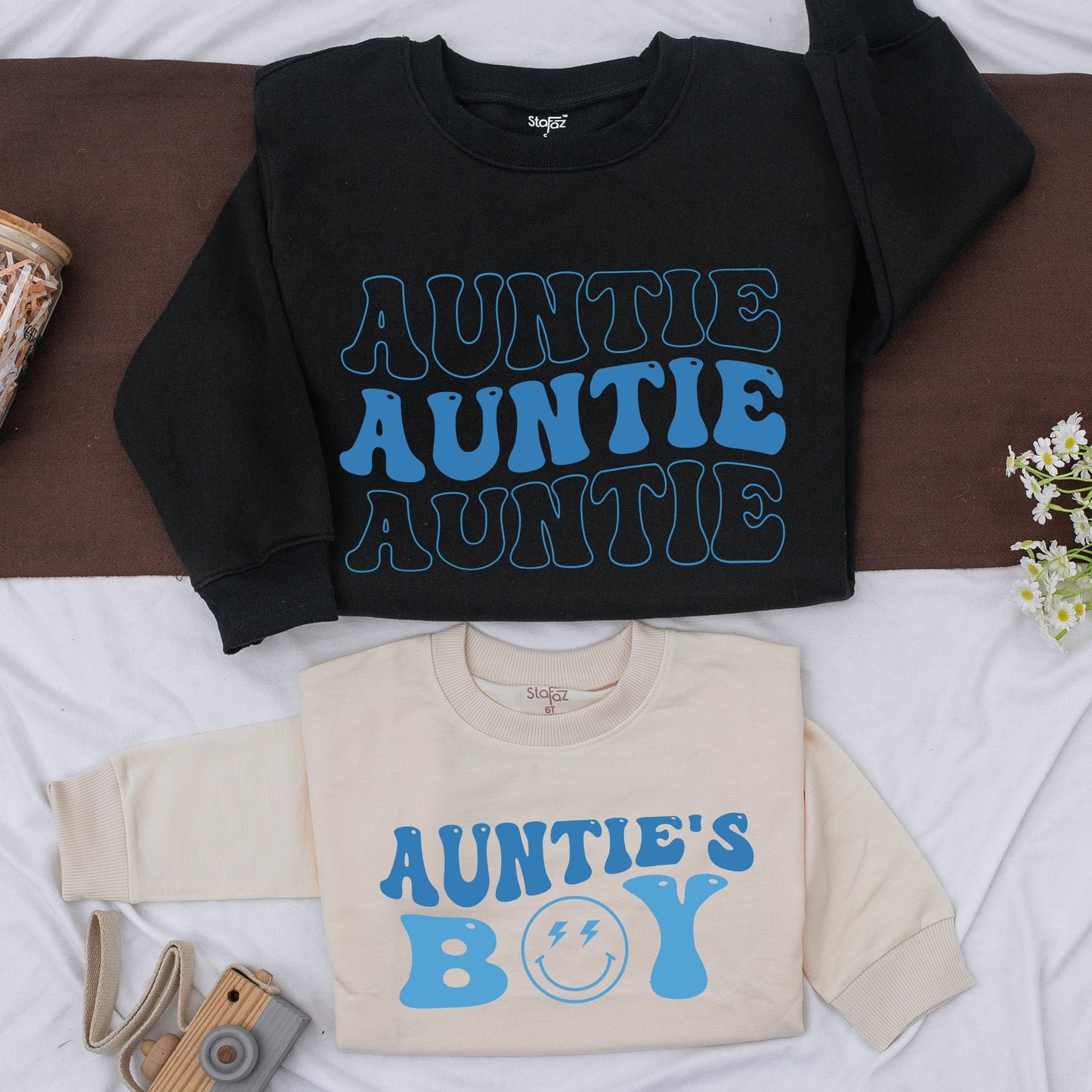 Matching Auntie & Auntie's Boy Blue Retro Shirts, Family Outfit, Baby Romper Gift, Niece & Nephew Kid Shirts