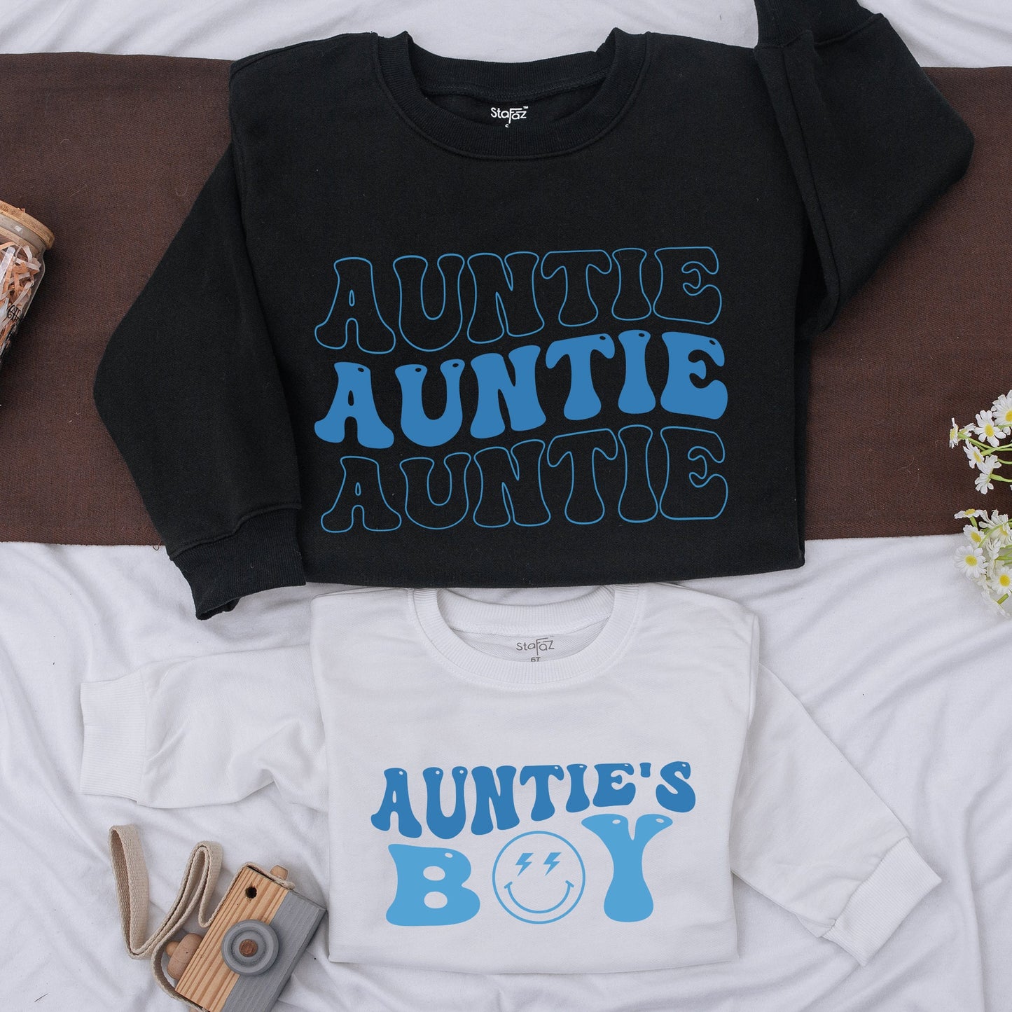 Matching Auntie & Auntie's Boy Blue Retro Shirts, Family Outfit, Baby Romper Gift, Niece & Nephew Kid Shirts
