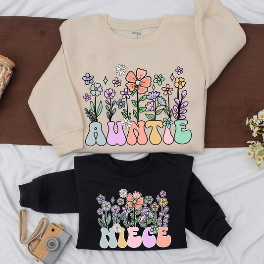 Auntie Niece Matching Sweatshirt Retro Floral Bestie Shirt Whimsical Aunt and Me Outfit Colorful Cartoon Flower Aunt Gift Baby Shower Gift 138