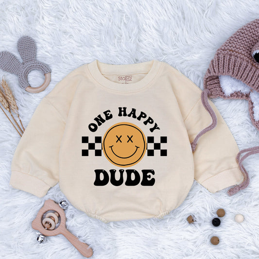 One Happy Dude Retro Smiley Face Birthday Romper Baby Infant Oversized Crewneck Outfit Cute Toddler First Birthday Celebration Gift