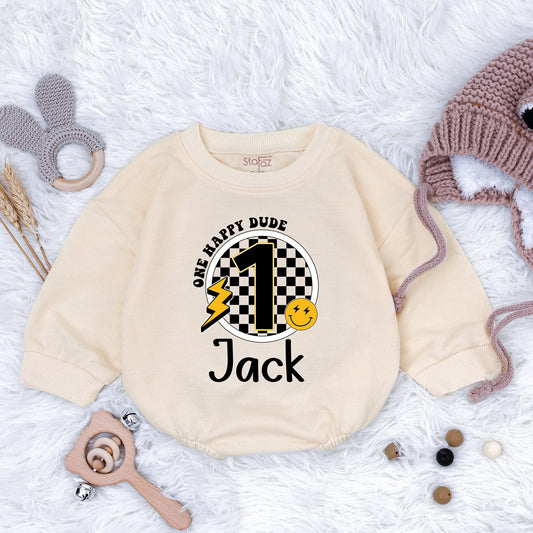 Custom Name One Happy Dude First Birthday Bodysuit Baby Boy Retro Groovy Checkered Smiley Face Outfit Dallas Lightning Bolt Gift