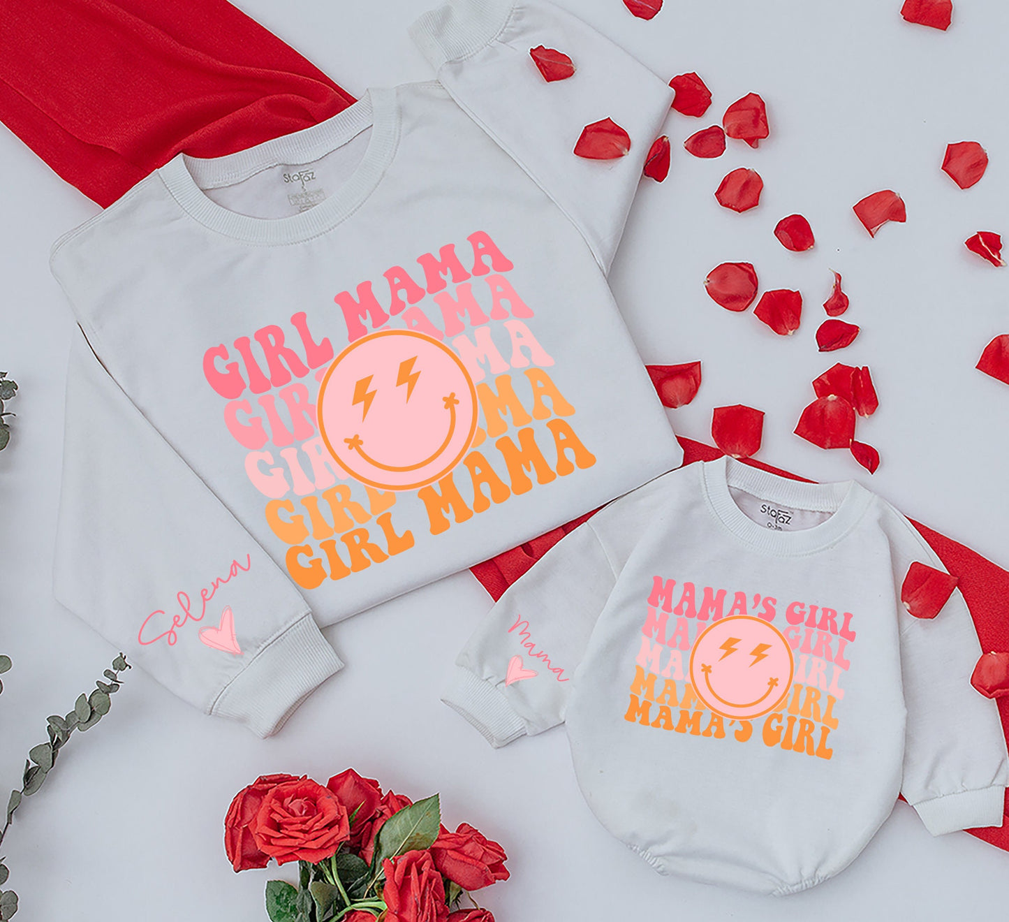 Personalized Retro Groovy Mama & Mama's Girl Matching Sweatshirt & Romper Set for Mom Daughter Family Outfits Baby Toddler Kid Mother's Day Gift