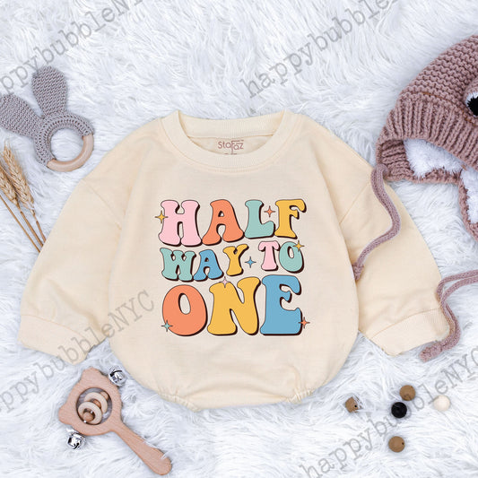 Half Way To One Birthday Bubble Romper Bodysuit Baby Outfit for Boy or Girl Adorable Newborn Infant Half Birthday Celebration Gift Idea