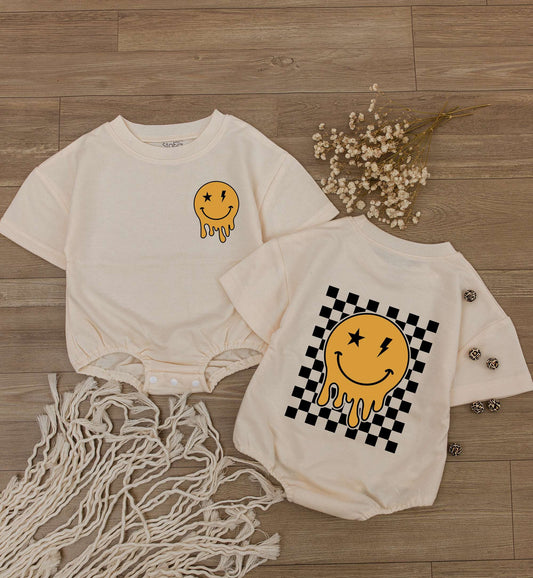 Happy Smiley Face Baby Romper Bodysuit Checkered Retro Style Infant Newborn Clothes Cute Kids Outfit First Birthday Baby Shower Gift