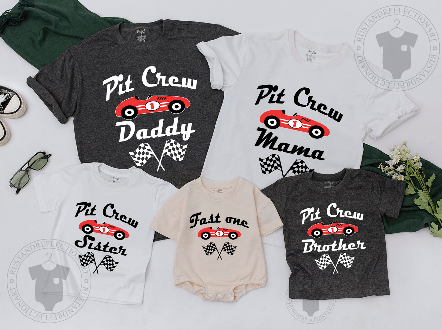 Mommy and Me Fast One First Birthday Race Car Shirts Family Matching Outfits Red Black White Graphic Playful Celebration Design