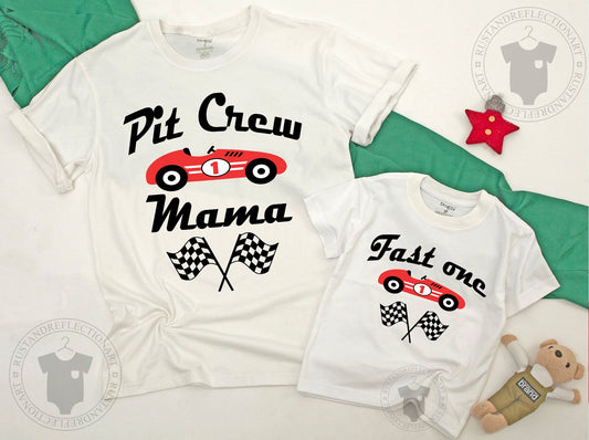 Mommy and Me Fast One First Birthday Race Car Shirts Family Matching Outfits Red Black White Graphic Playful Celebration Design