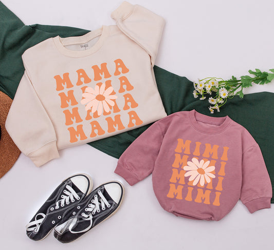 Groovy Mama and Mini Daisy Sweatshirt Set Retro Matching Outfit Personalized Mother Daughter Sweaters Cute Romper Gift Boho Family Sweatshirts