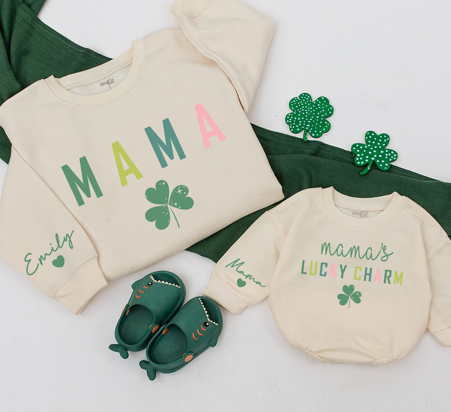 Personalized Retro Mama and Me Lucky Charm Matching Sweatshirt and Baby Romper Set for Mom Daughter Family Outfit Gift Idea Comfortable