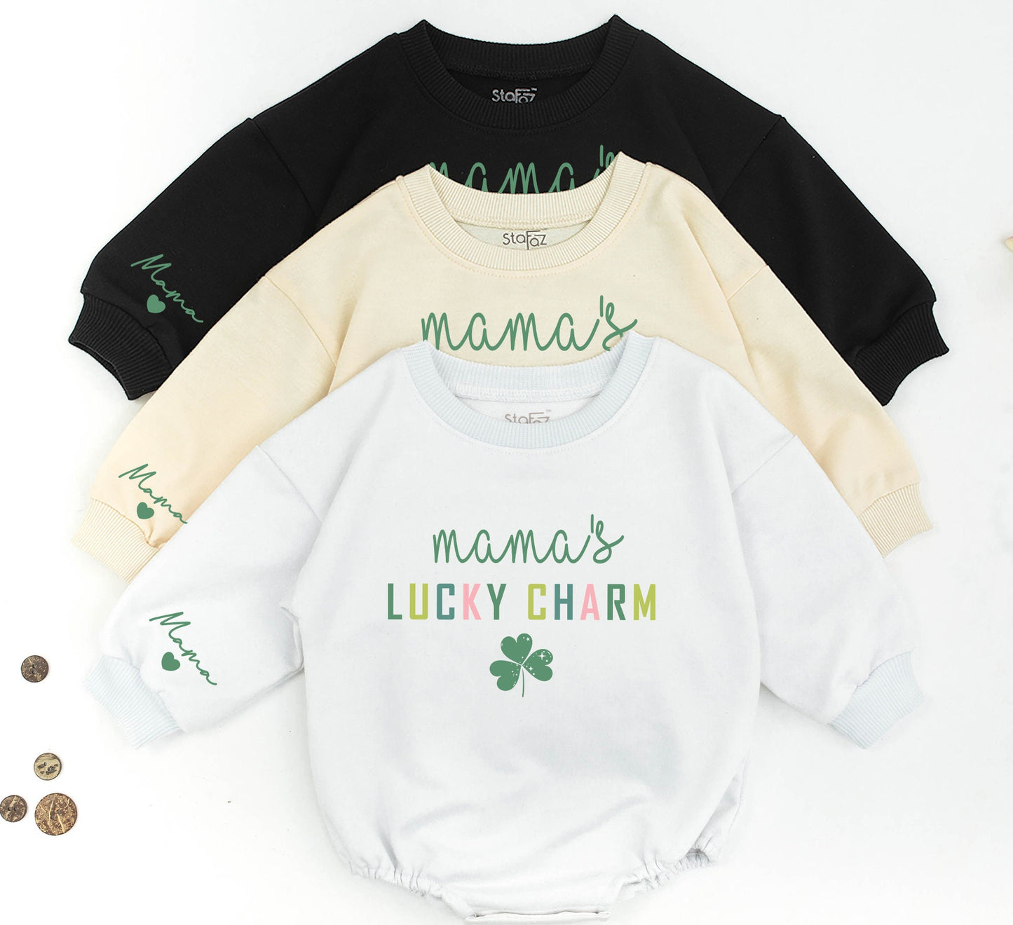 Personalized Retro Mama and Me Lucky Charm Matching Sweatshirt and Baby Romper Set for Mom Daughter Family Outfit Gift Idea Comfortable