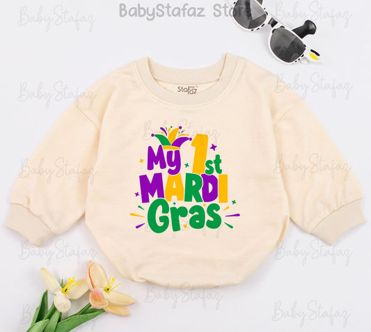 My First Mardi Gras Baby Romper, Cheerful Jester Design, Purple, Green, Gold Outfit for Baby, Parade Ready, Cute Newborn Clothes, Louisiana Gift (139 chars)