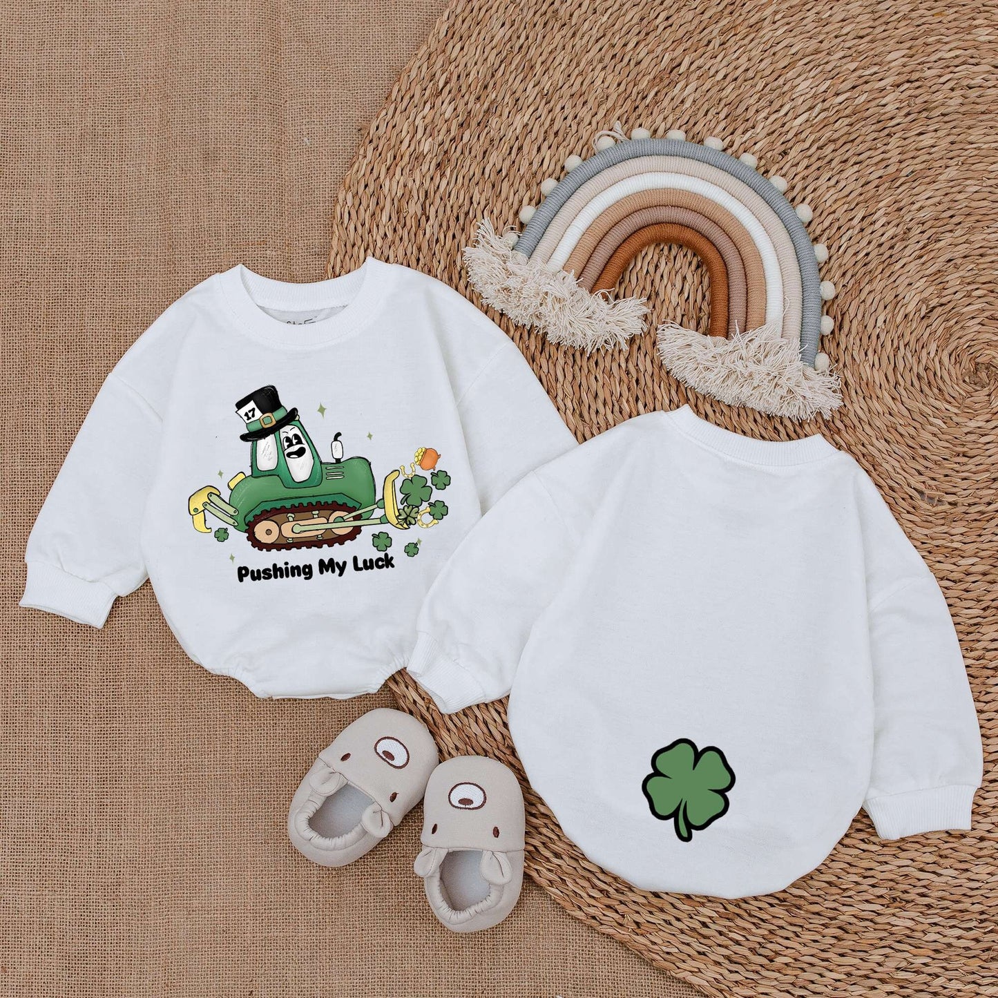 St Patrick's Day Baby Romper with Pushing My Luck Bulldozer Design Green Shamrocks Pot of Gold Leprechaun Hat Light Mauve Newborn Outfit