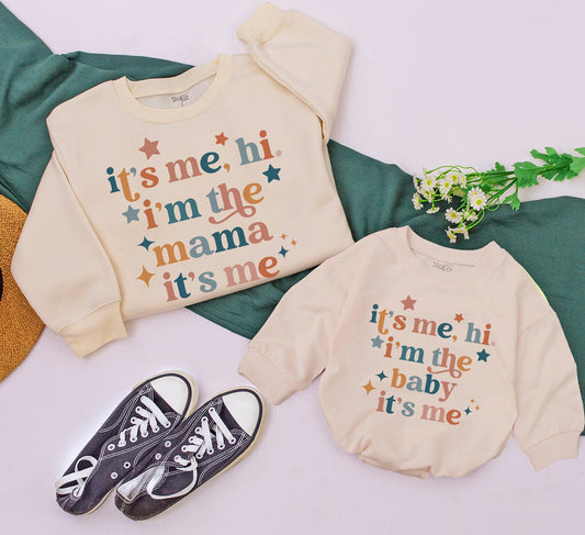 Matching Mama Baby It's Me Hi I'm The Baby Retro Sweatshirt Romper Set Funny Newborn Toddler Kids Outfit Groovy Vintage Neutral Gift