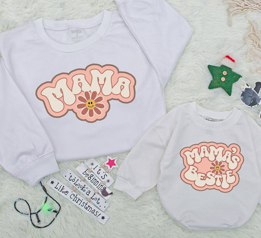 Personalized Mama and Mini Retro Groovy Matching Sweatshirt Mother Daughter Mommy and Me Comfortable Bestie Toddler Romper Outfit Gift