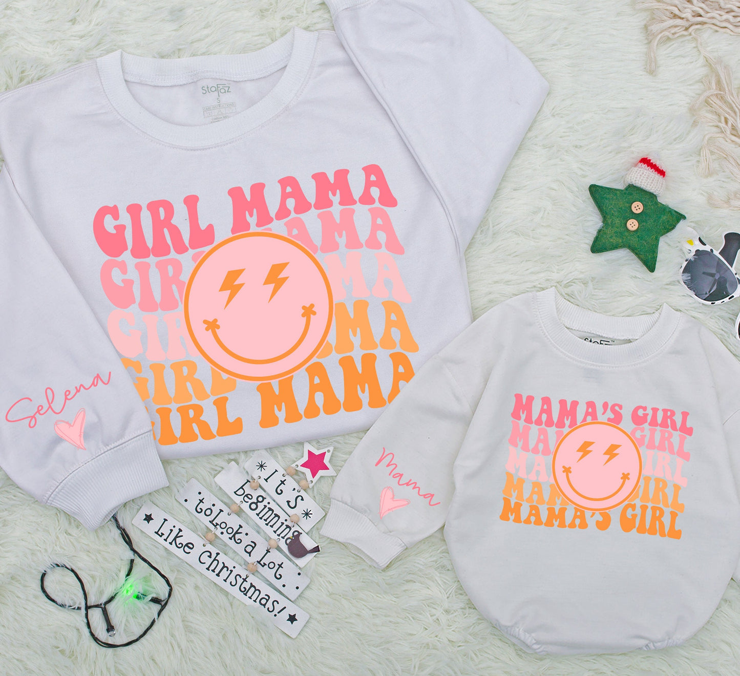 Personalized Retro Groovy Mama & Mama's Girl Matching Sweatshirt & Romper Set for Mom Daughter Family Outfits Baby Toddler Kid Mother's Day Gift