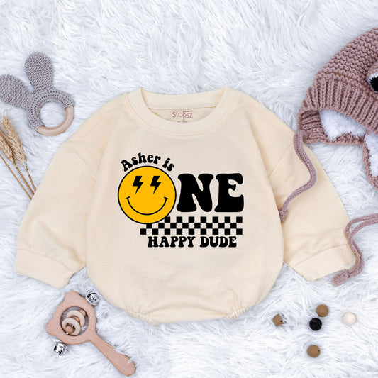 Personalized One Happy Dude Smiley Face 1st Birthday Bodysuit Baby Boy First Birthday Celebration Outfit Adorable Soft Cotton