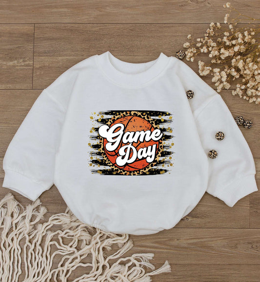 Game Day Basketball Bodysuit for Baby Girl Cheetah Print Gold Splatter Accents Fun Retro Sporty Infant Romper Outfit