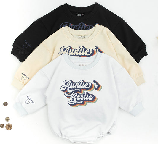 Personalized Auntie & Auntie's Bestie Matching Retro Sweatshirt Romper Set, Names & Heart Sleeves, Blue Tan Red Yellow Striped Cursive Design for Newborns Toddlers Thoughtful Gift