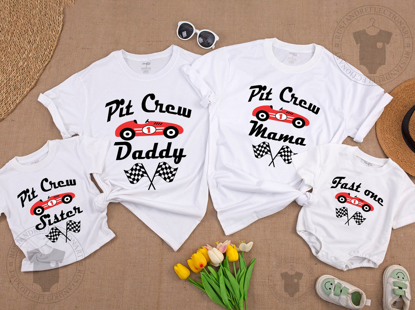 Mommy and Me Fast One First Birthday Race Car Shirts Family Matching Outfits Red Black White Graphic Playful Celebration Design
