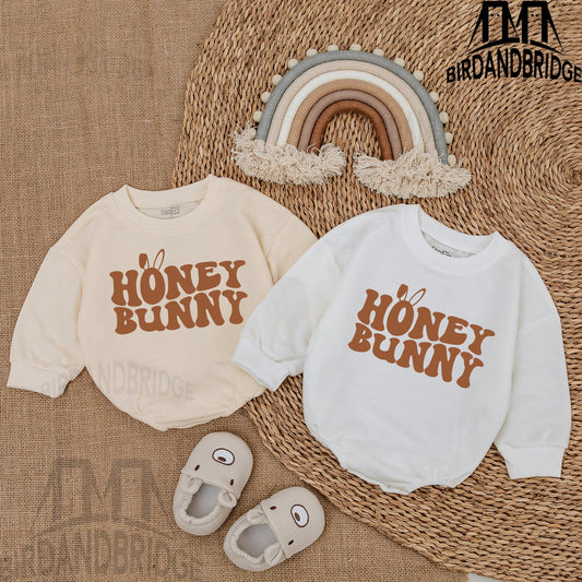 Honey Bunny Sweatshirt Bubble Romper for Baby Boys with Retro Brown Print - Adorable Easter Outfit Newborn Clothes