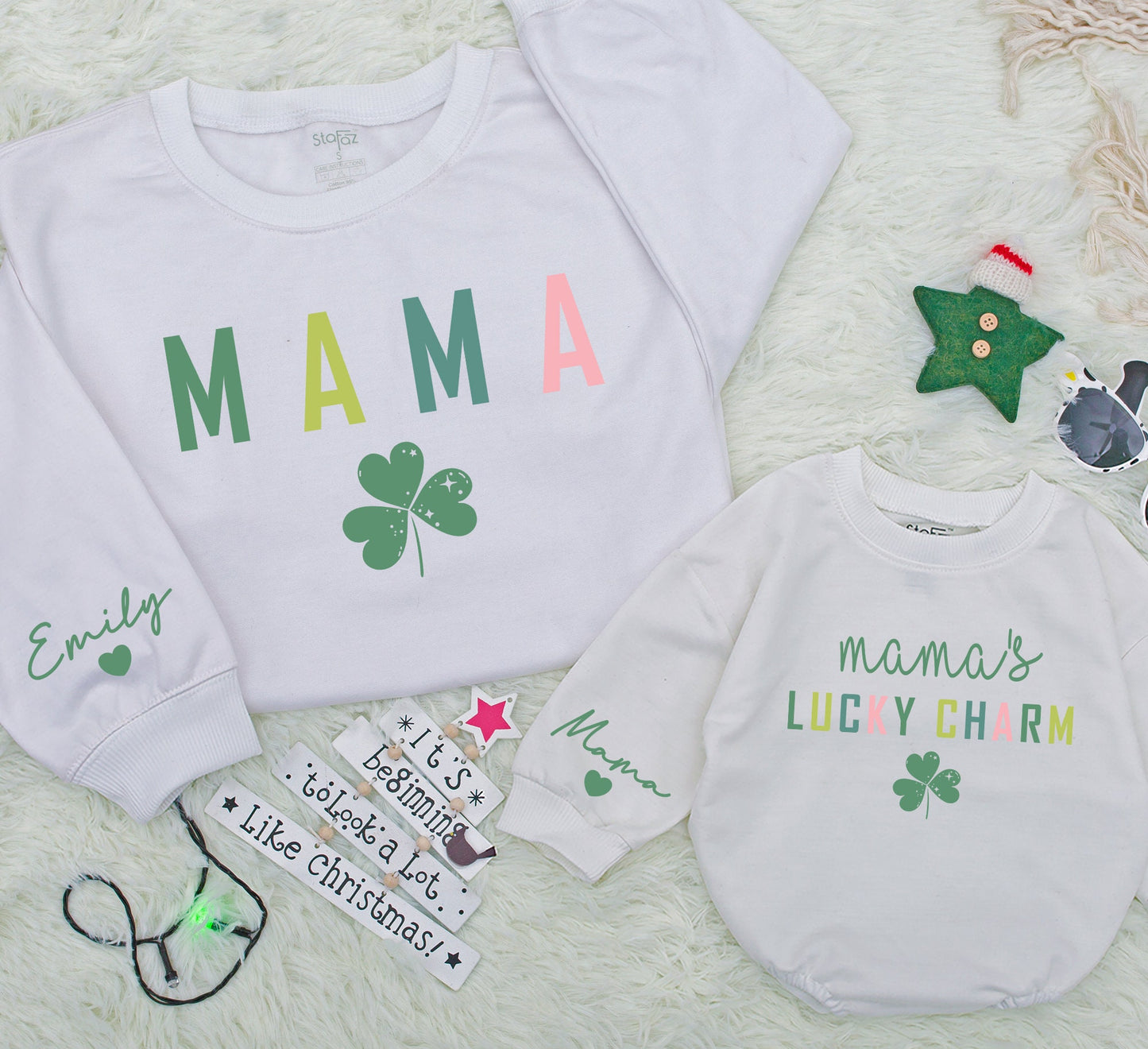 Personalized Retro Mama and Me Lucky Charm Matching Sweatshirt and Baby Romper Set for Mom Daughter Family Outfit Gift Idea Comfortable
