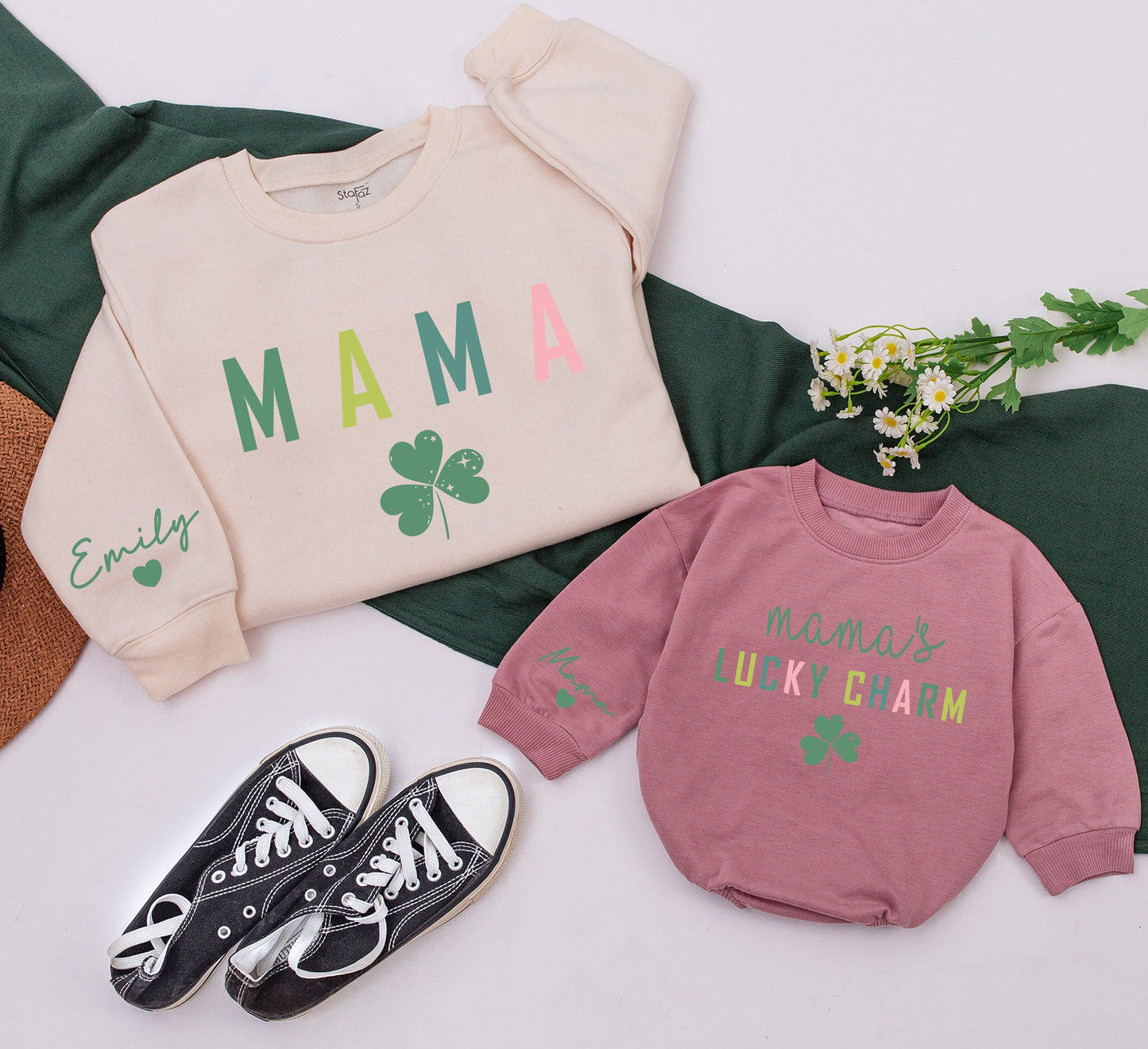 Personalized Retro Mama and Me Lucky Charm Matching Sweatshirt and Baby Romper Set for Mom Daughter Family Outfit Gift Idea Comfortable