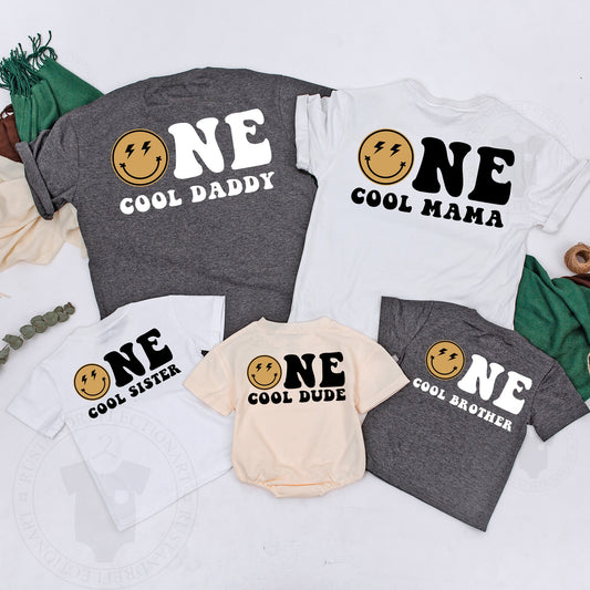 One Cool Dude 1st Birthday Shirts with Smiley Face Design Matching Mommy and Me Family Outfits for Baby Boy Party Celebration