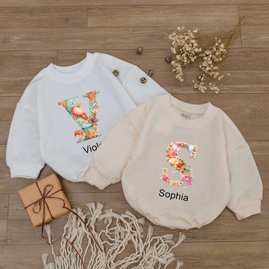 Personalized Baby Girl Initial Name Romper Soft Seashell Floral Design Bodysuit Newborn Outfit Baby Shower Gift Clothes