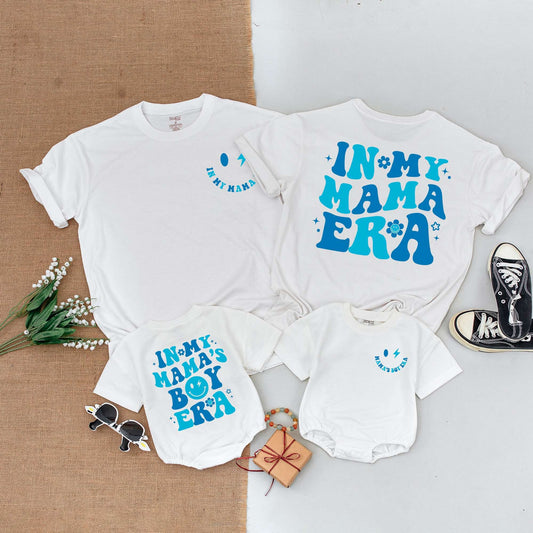 In My Mama's Boy Era Matching Outfit Retro Blue Floral Star Smiley Baby Shower Gift Newborn Mama and Son Romper Tee
