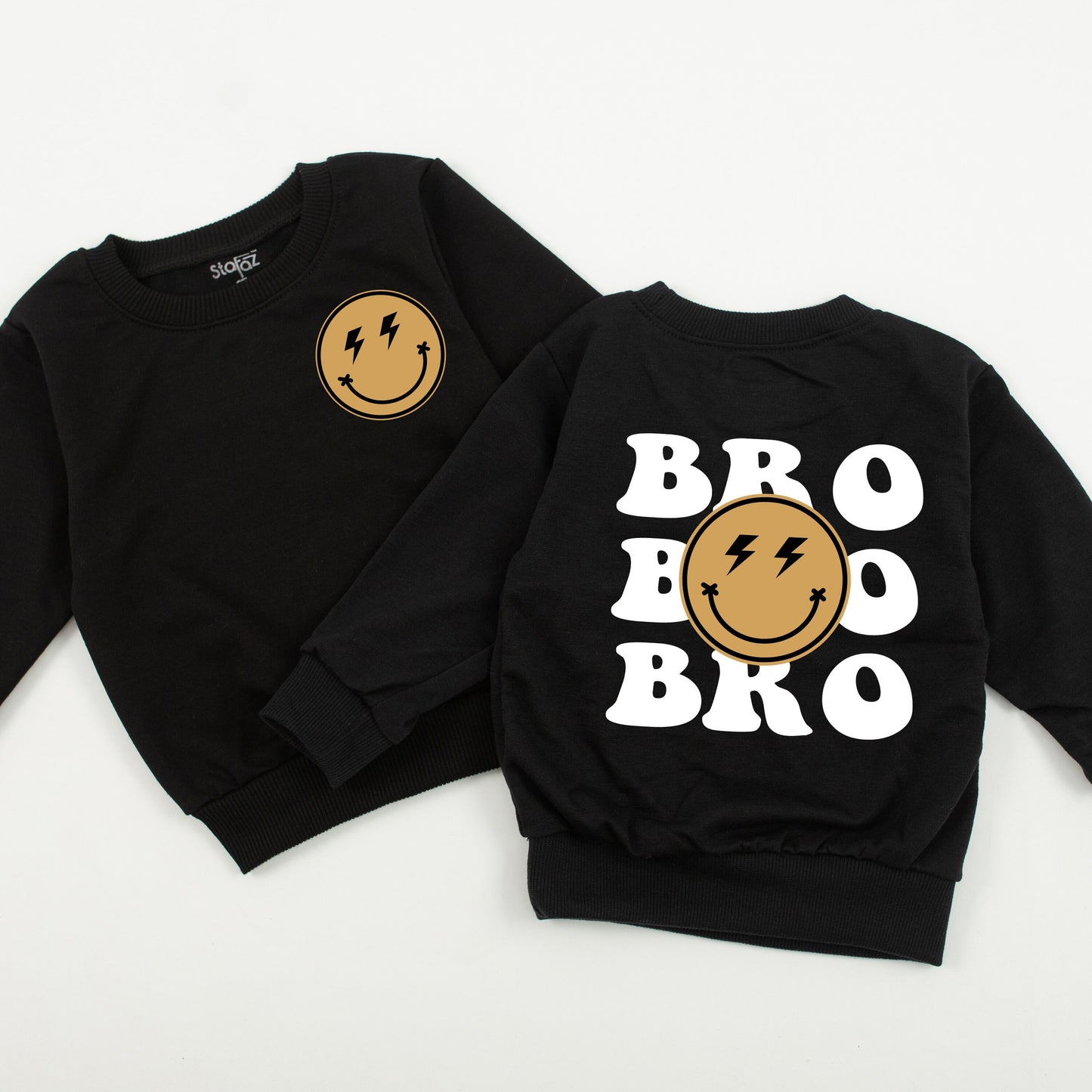First Birthday Baby Outfit One Happy Dude Matching Family Tan Black Smiley Lightning Bolt Retro Romper Bodysuit Sweatshirt Gift