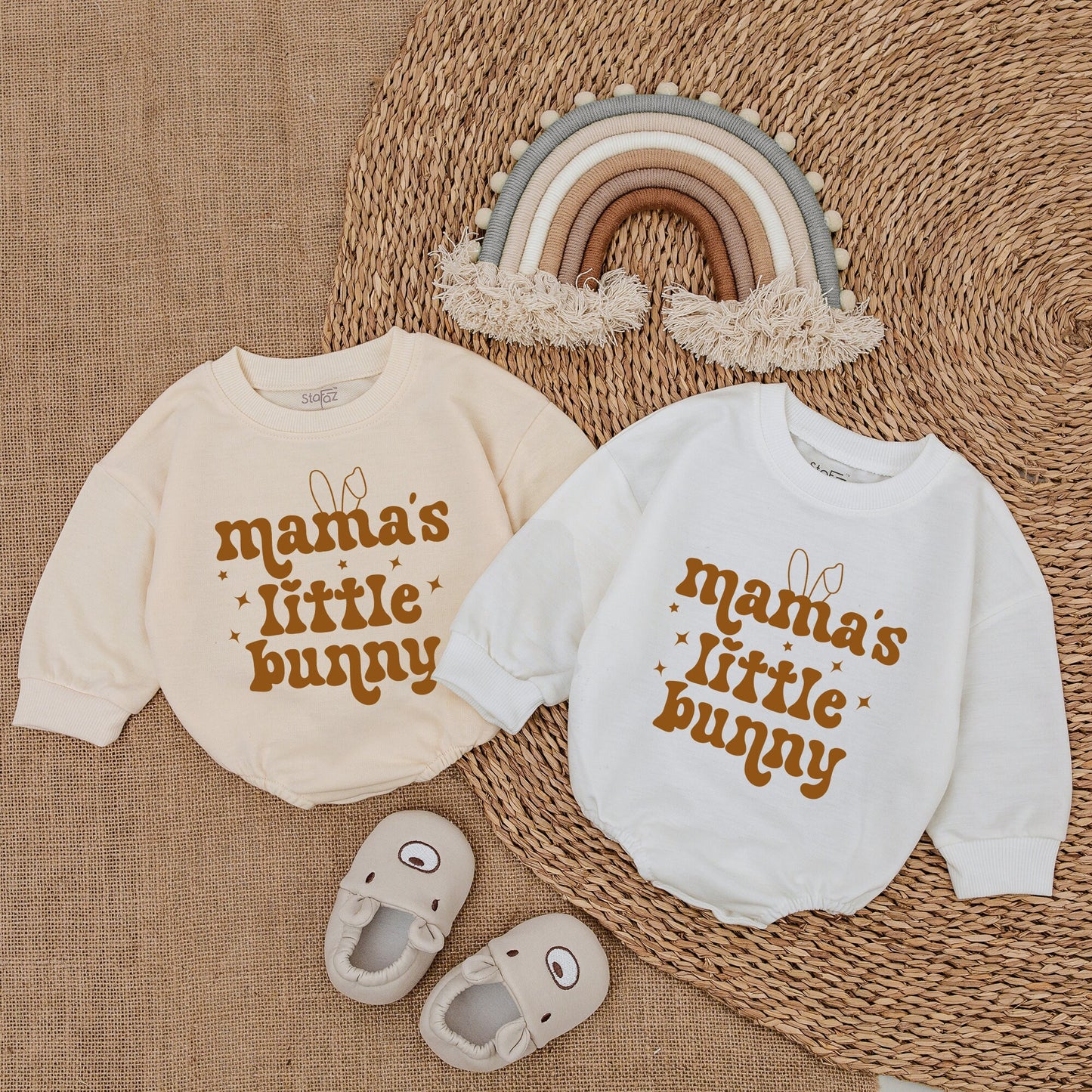 Mama's Little Bunny Easter Baby Outfit Brown Sweatshirt Romper Vintage Newborn Clothes, Cute Bunny Ears Design, Playful Holiday Baby Bodysuit Clothes (139)