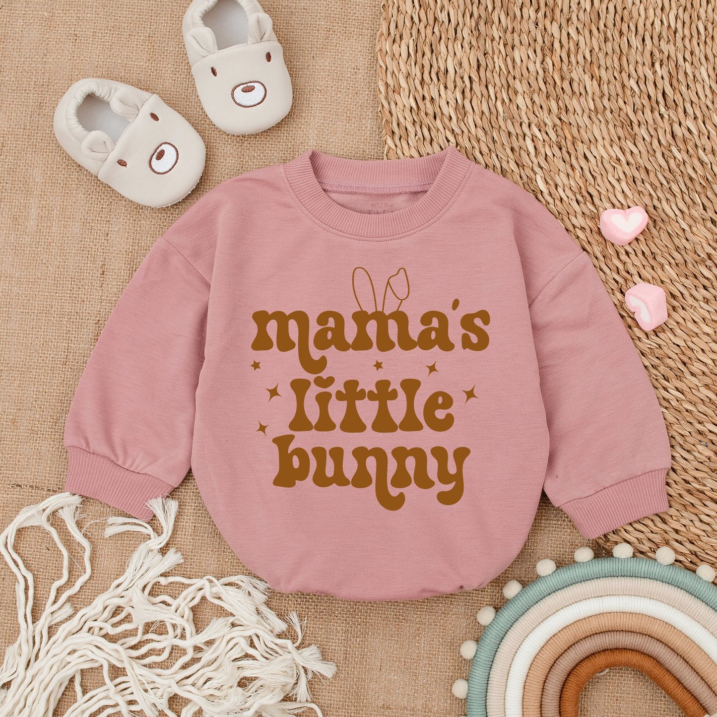 Mama's Little Bunny Easter Baby Outfit Brown Sweatshirt Romper Vintage Newborn Clothes, Cute Bunny Ears Design, Playful Holiday Baby Bodysuit Clothes (139)