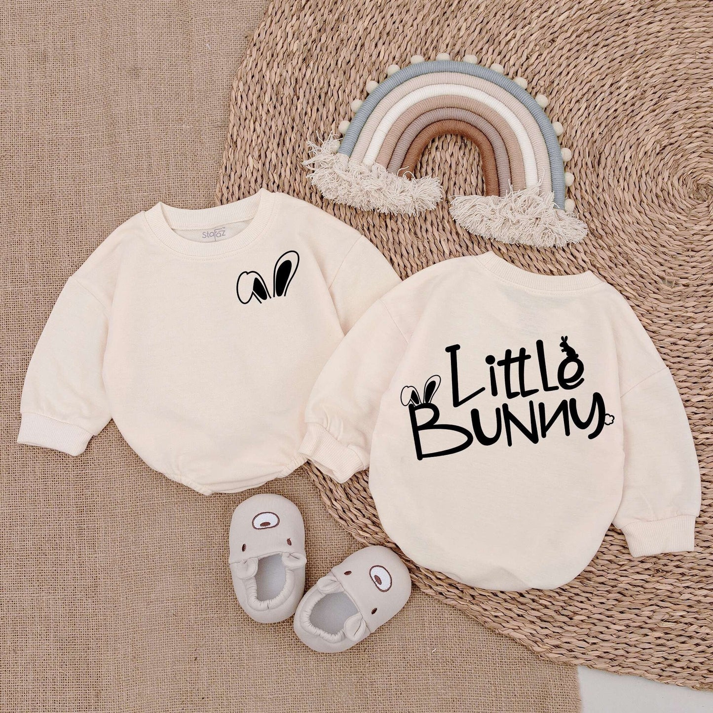Little Bunny Baby Boy Sweatshirt Bubble Romper Easter Outfit with Playful Black Ears Design Newborn Infant Clothes Soft Comfortable Baby Shower Gift