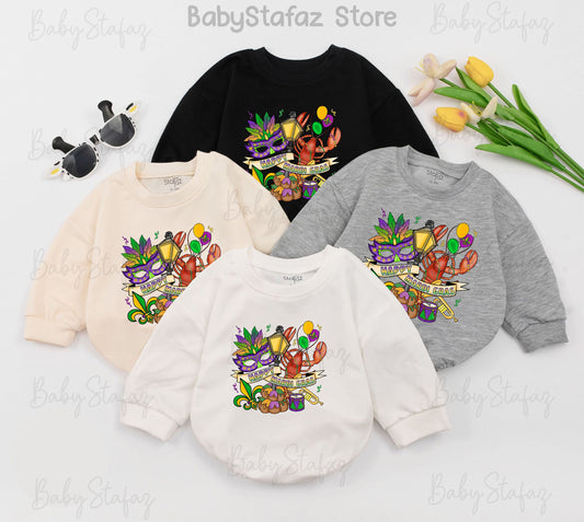 Happy Mardi Gras Baby Romper Outfit with Purple Mask, Fleur-de-lis & King Cake for Parade Celebrations, Louisiana First Costume Bodysuit, Shower Gift (139 chars)