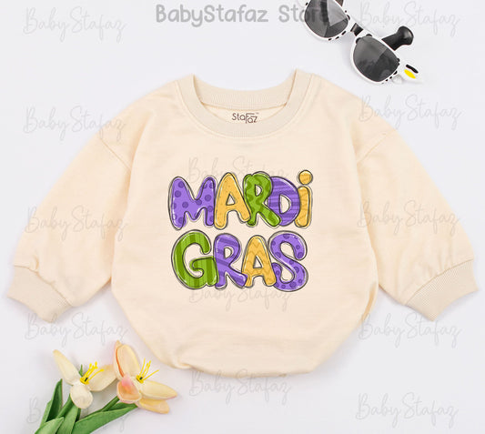 Mardi Gras Baby Romper Festive Yellow Green Purple Patterned Outfit for Girls and Toddlers Baby Shower Gift First Mardi Gras Parade Celebration