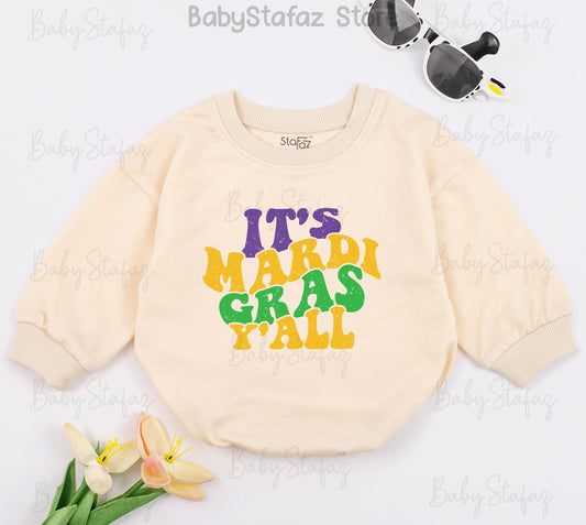 It's Mardi Gras Y'all Baby Romper Purple Gold Green Retro Rounded Font Festive Baby Clothes 1st Mardi Gras Parade Outfit