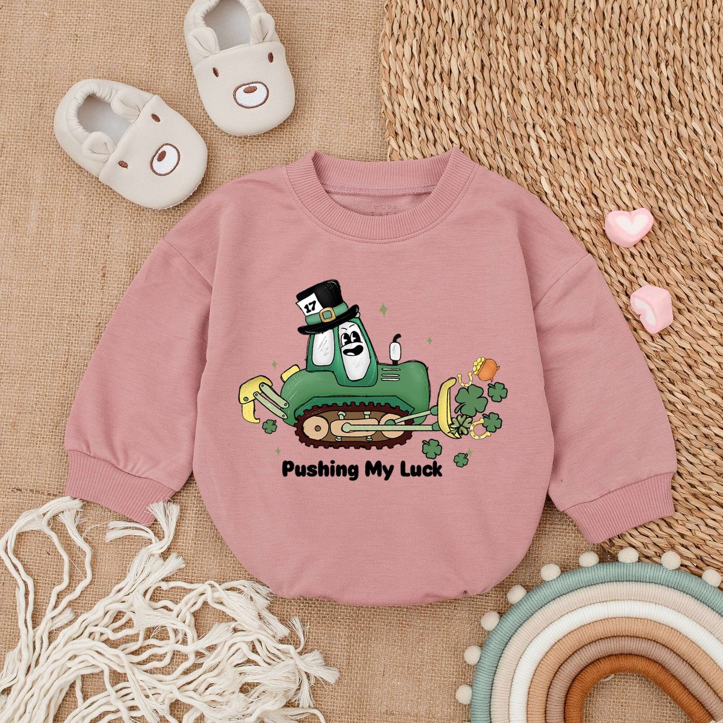 St Patrick's Day Baby Romper with Pushing My Luck Bulldozer Design Green Shamrocks Pot of Gold Leprechaun Hat Light Mauve Newborn Outfit