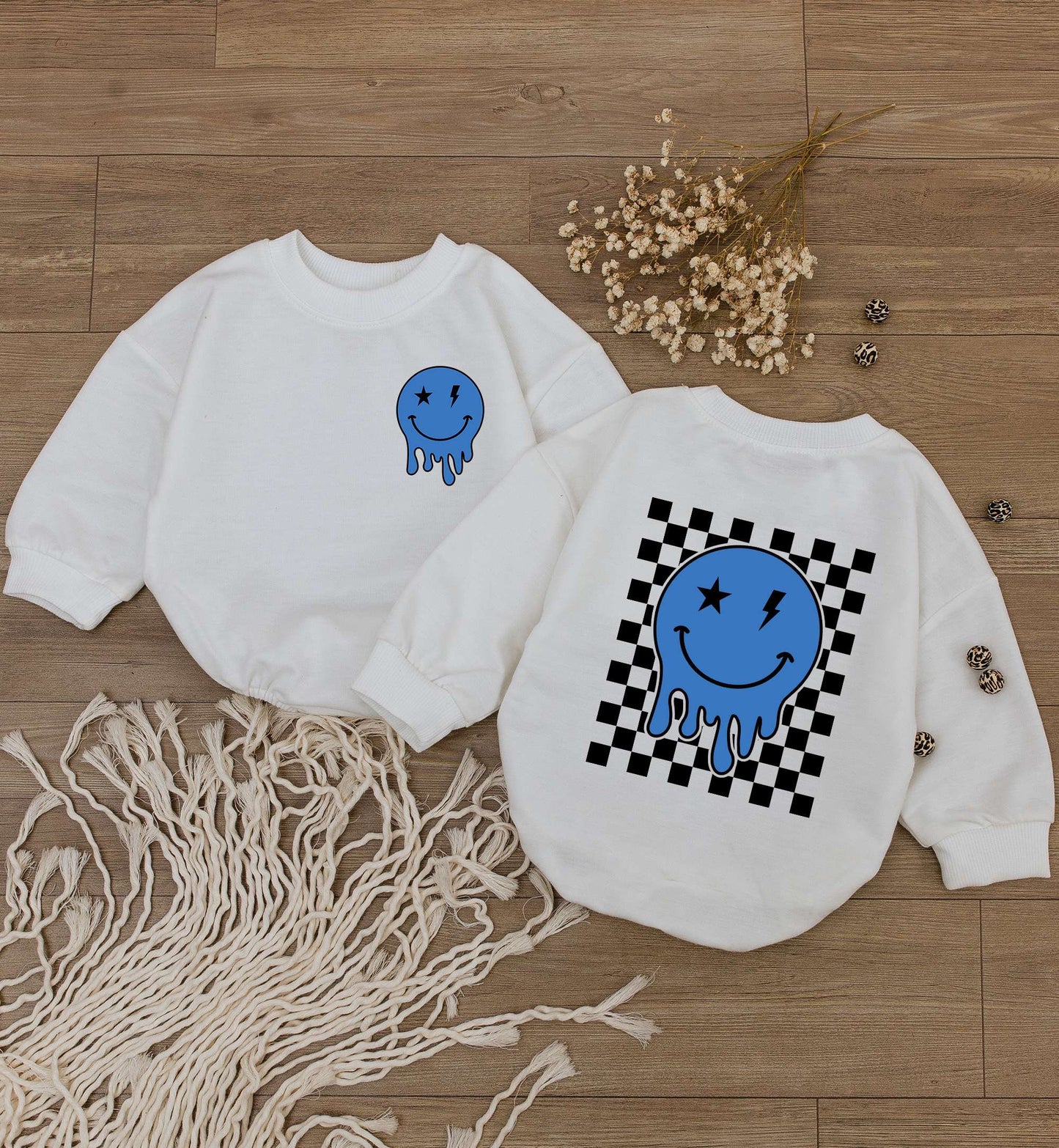 Smiley Face Baby Boy Romper & Checkered Sweatshirt Outfit - Cute Retro Design for Baby Shower Gift, Newborn Clothes, First Birthday Boy
