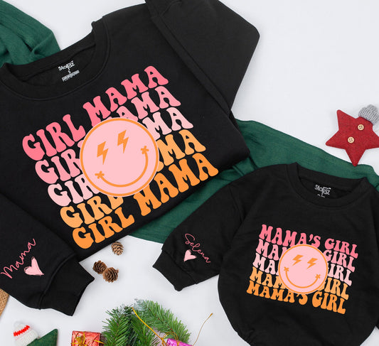 Personalized Retro Groovy Mama & Mama's Girl Matching Sweatshirt & Romper Set for Mom Daughter Family Outfits Baby Toddler Kid Mother's Day Gift