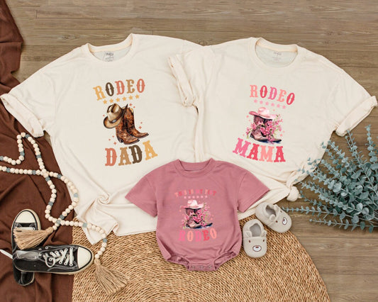First Rodeo Birthday Matching Family Shirts: Retro Western Cowboy Outfit for Boy or Girl, Pink Boots and Hat, Vintage Rodeo Star Celebration (138)