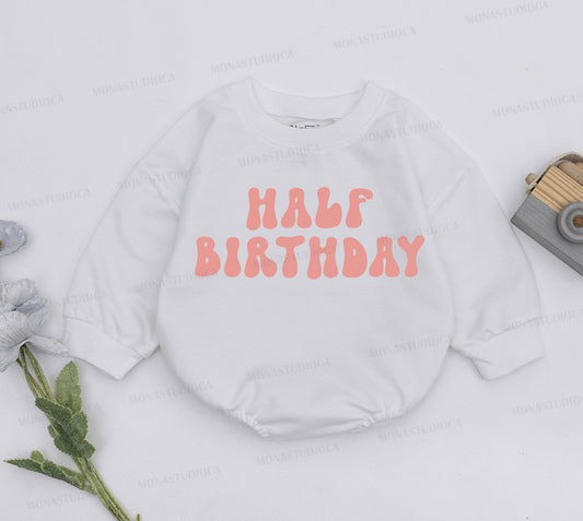 Half Birthday Girl Romper Groovy Pink Design 6 Months Baby Outfit Half Way to One Gift Newborn Clothes Celebration
