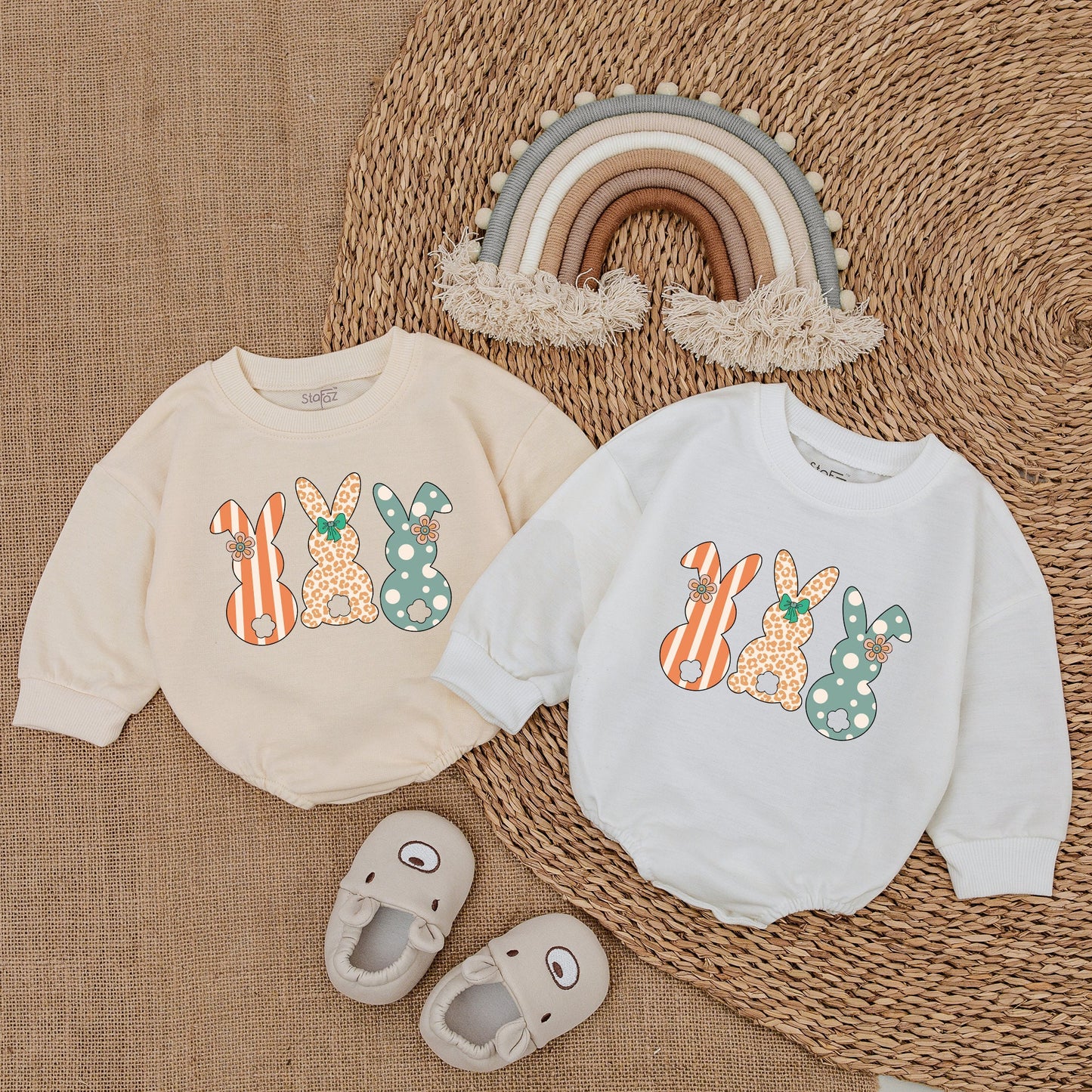 Squad Bunny Baby Boy Outfit: Easter Baby Clothes Romper Set with Striped, Leopard & Polka Dot Bunnies, Newborn Gift