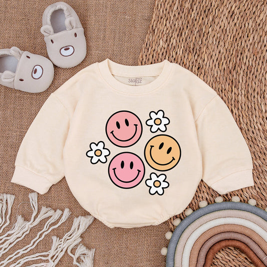 Groovy Smile Face Romper Retro Birthday Outfit Girl Baby Shower Gift 70s Vibes Newborn Clothes Yellow Cute Comfy Cotton Outfit Going Home Outfit