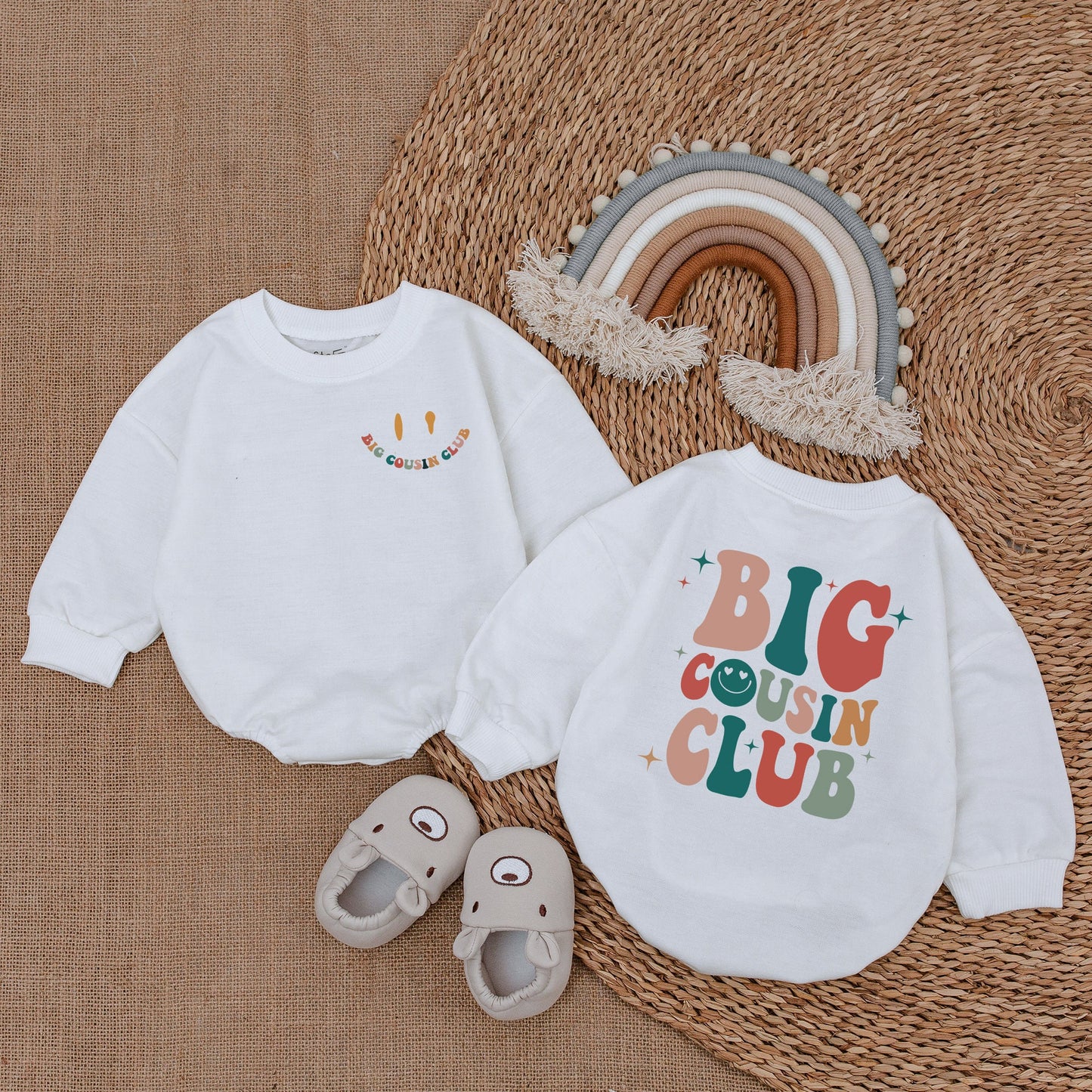 Big Cousin Club Retro Vintage Style Baby Romper & Matching Outfits for Boys and Girls with Smiley Face Graphics
