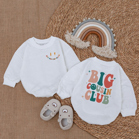 Big Cousin Club Retro Vintage Style Baby Romper & Matching Outfits for Boys and Girls with Smiley Face Graphics