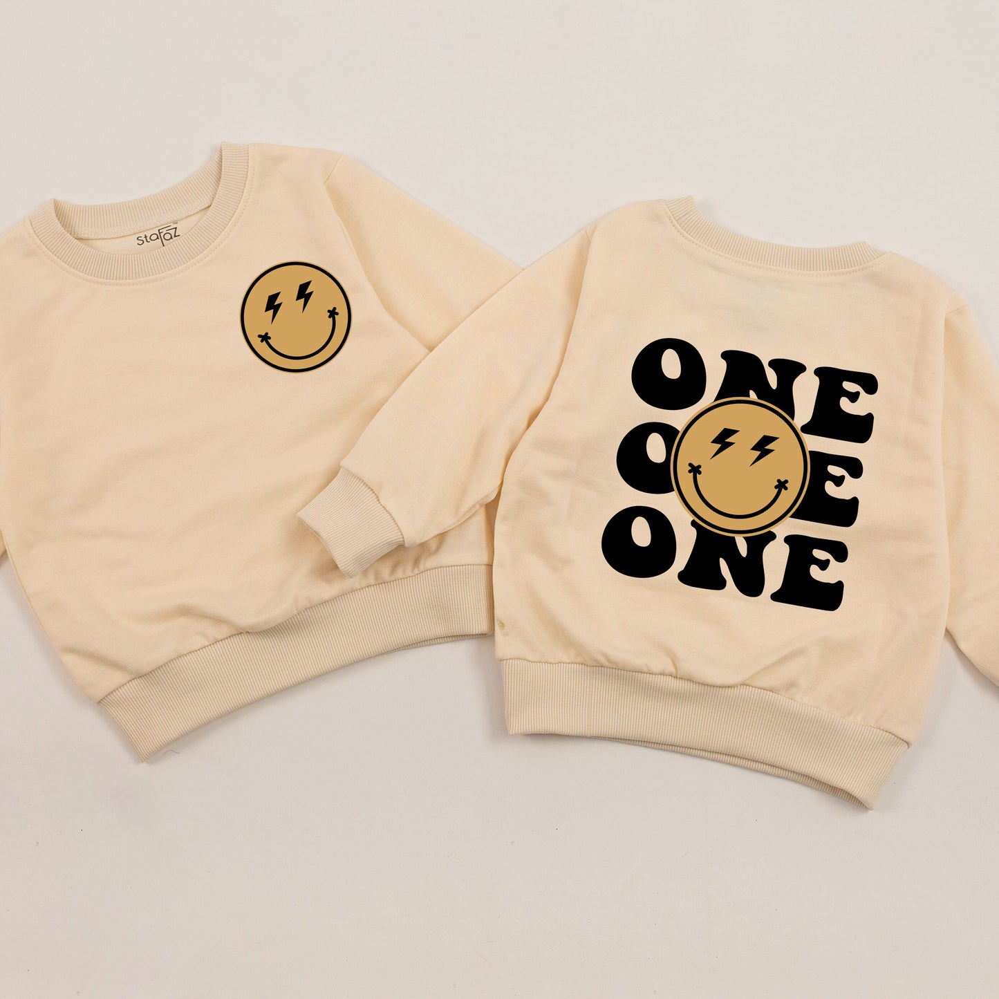 First Birthday Baby Outfit One Happy Dude Matching Family Tan Black Smiley Lightning Bolt Retro Romper Bodysuit Sweatshirt Gift