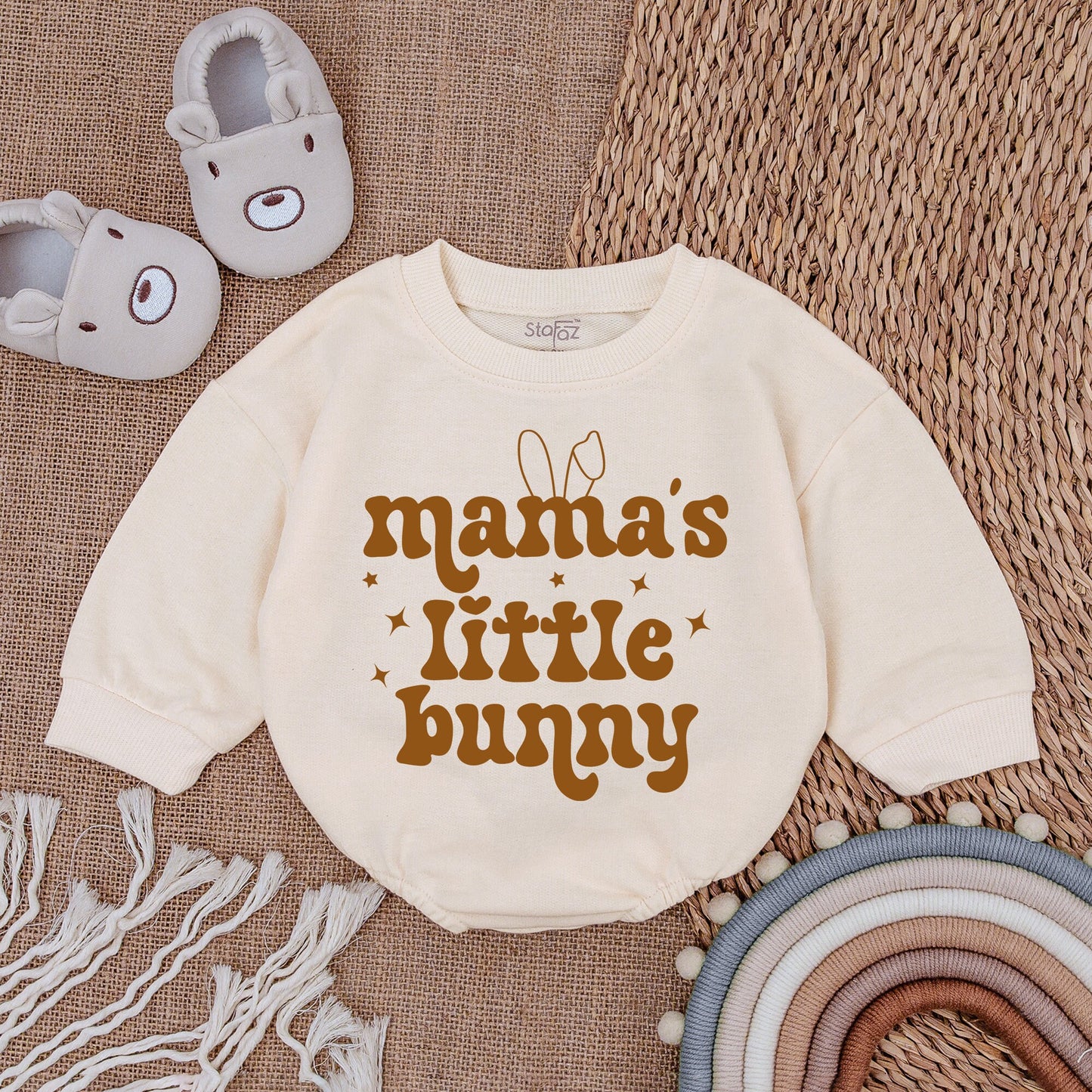 Mama's Little Bunny Easter Baby Outfit Brown Sweatshirt Romper Vintage Newborn Clothes, Cute Bunny Ears Design, Playful Holiday Baby Bodysuit Clothes (139)