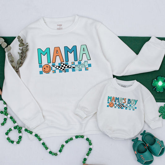 Retro Mama & Mama's Boy Matching Shirts Playful Checkered Design New Mom Gift Teal Orange Smiley Face Skateboard Star Graphic Soft Cotton Mommy and Me Baby Boy Outfit