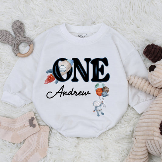 Personalized Space First Birthday Bubble Romper Sweatshirt with Andrew's Name Rocket ONE Astronaut Design for Baby Boy's First Trip Around The Sun